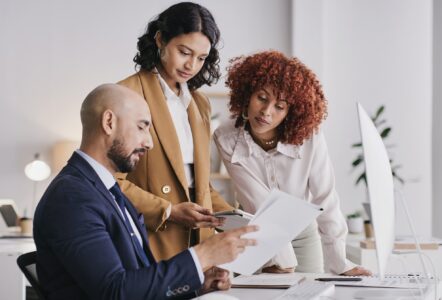 Administration teamwork, office documents or people review financial data, finance funding or accounting statistics. Bookkeeping portfolio, tax analysis or accountant collaboration on bank compliance