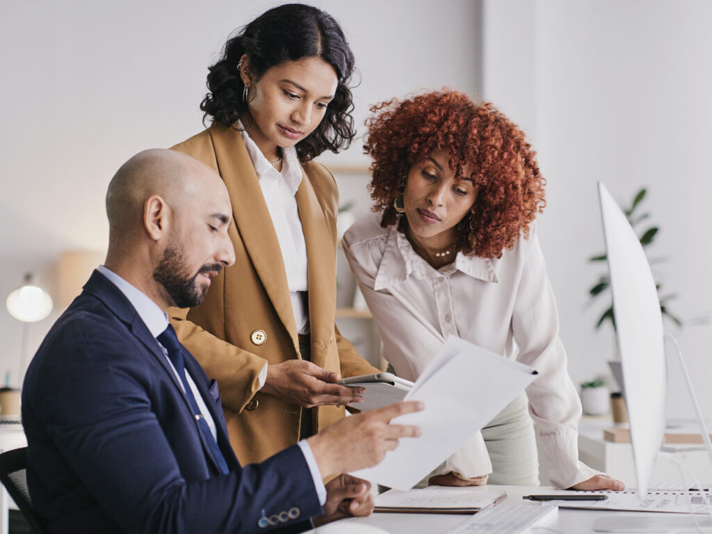 Administration teamwork, office documents or people review financial data, finance funding or accounting statistics. Bookkeeping portfolio, tax analysis or accountant collaboration on bank compliance